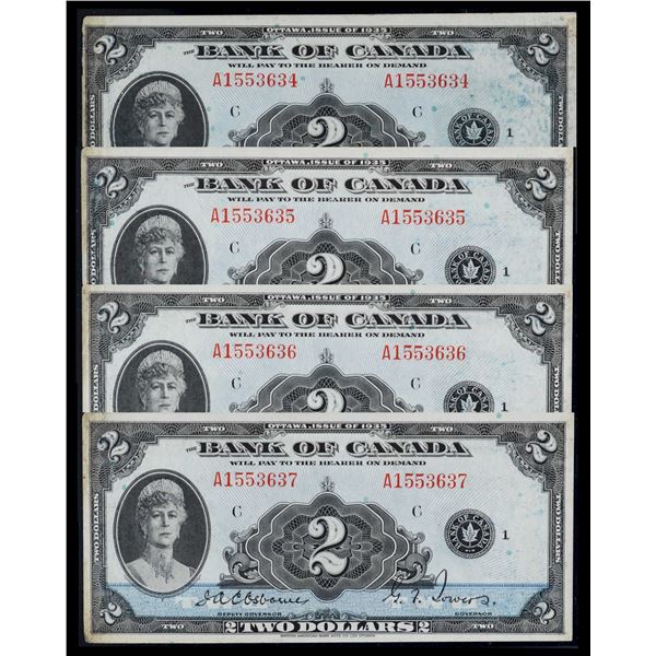 Consecutive Run; 1935 $2 BC-3 #A1553634-637 BCS About Uncirculated-50 with issues.  Lot of 4 consecu