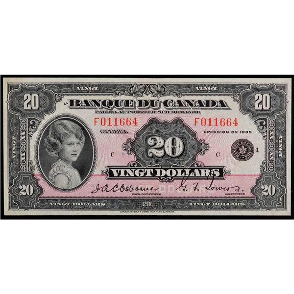 1935 $20 BC-10 #F011664, PCGS Very Choice Uncirculated-64.  Rare "French Text".  The note is bright 