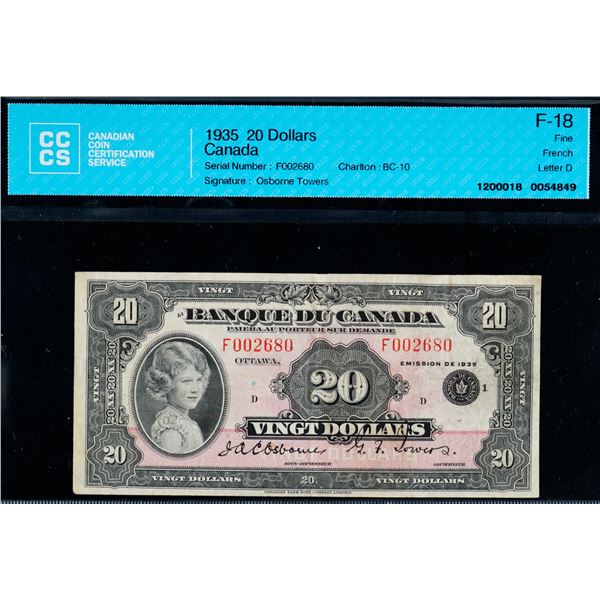 1935 $20 BC-10 #F002680 CCCS F18.  "Rare French Text".  A bright and attractive example.