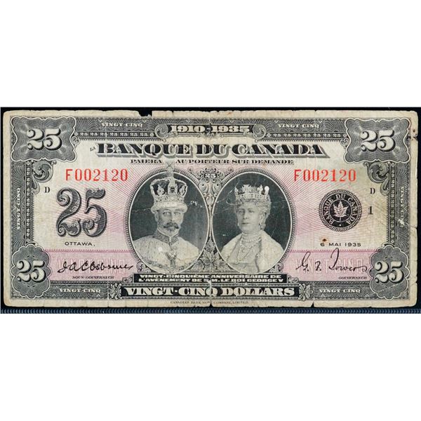 1935 $25 BC-12 #F002120 CCCS Very Good-8, tears and pinholes.  "French Text".  A bright and superior