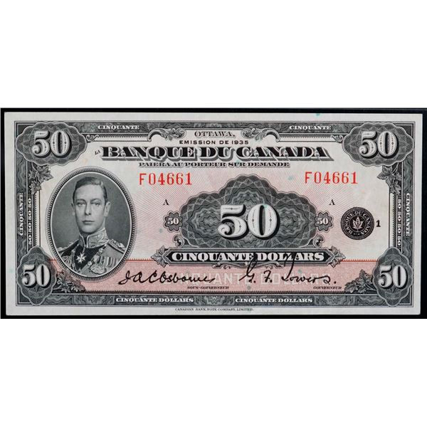 1935 $50 BC-14 #F04661, PMG About Uncirculated-50.  Rare French Text.  This example is well centered