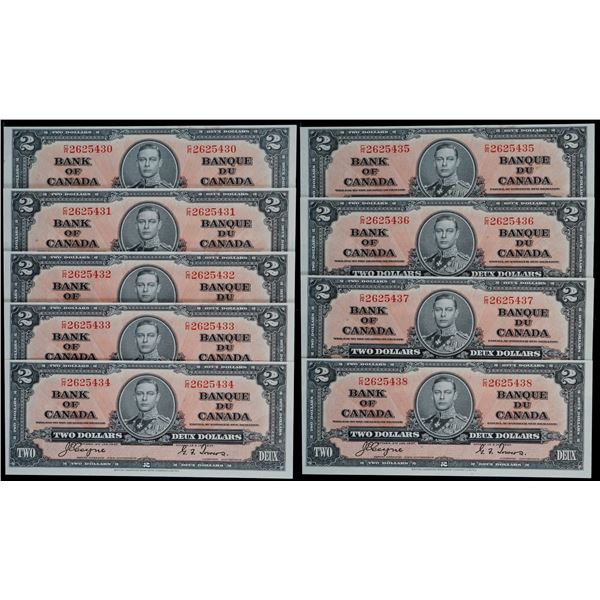 1937 $2 BC-22c #C/R2625430-5438, Lot of 9 consecutive notes.  All Unc to Choice Unc.