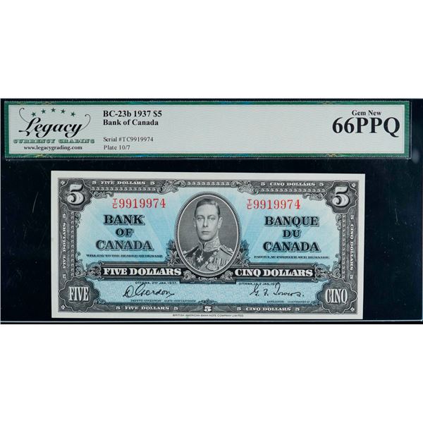 1937 $5 BC-23b #T/C9919974 LCG Superb Gem Uncirculated-66PPQ.  This is a pristine issue with great e