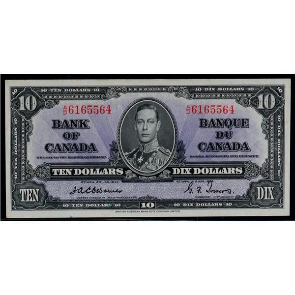 1937 $10 BC-24a #A/D6165564 "Osbourne-Towers" AU or better.  A bright example.