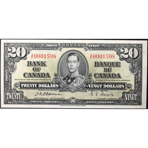 1937 $20 BC-25a #A/E0001598  LCG Choice Uncirculated-64PPQ.  Scarce "Osborne-Towers" signatures in N