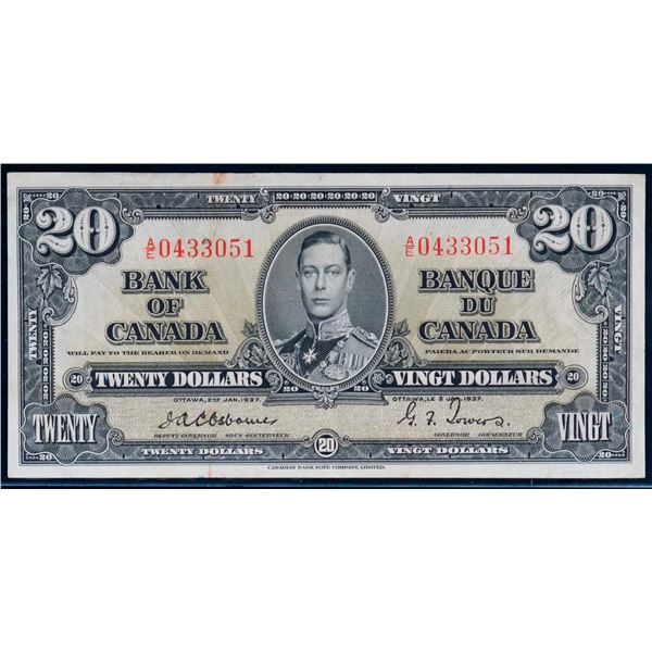 1937 $20 BC-25a #A/E0433051 "Osbourne-Towers" AU, bright example with minor stain.