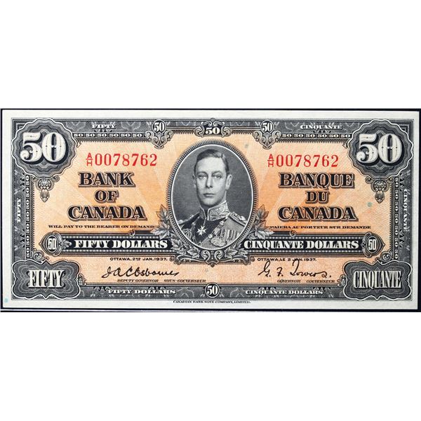 1937 $50 BC-26a #A/H0078762  LCG Choice Uncirculated-64PPQ.  Rare Osborne-Towers signatures. Amongst