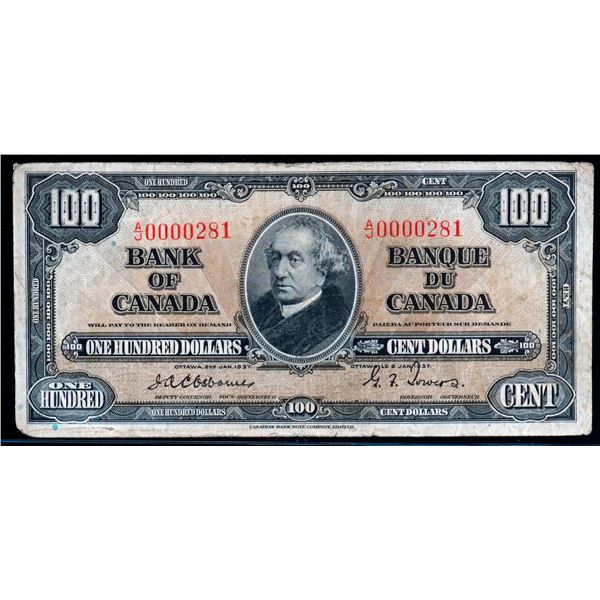 1937 $100 BC-27a #A/J0000281 "Low Number"  A Solid Fine example.