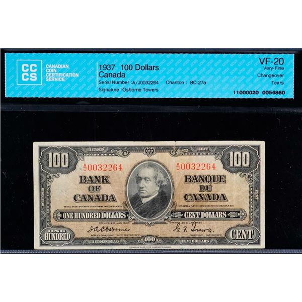 1937 $100 BC-27a, 27b, Lot of 2 notes CCCS Very Fine-20 & Choice Very Fine-30 respectively.