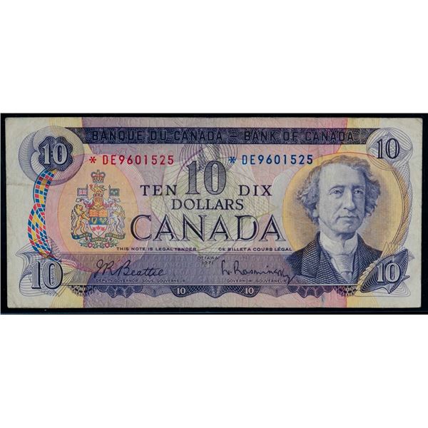 1971 $10 BC-49aA 'REPLACEMENT' #*DE9601525 LCG Very Fine-20.  Very scarce replacement note. Seldom o