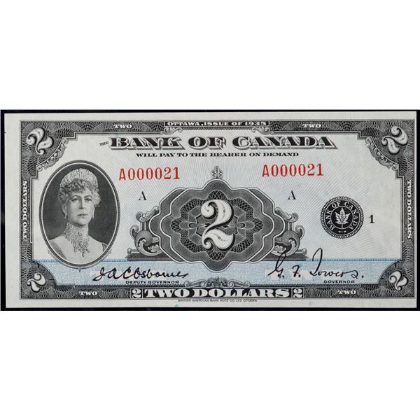 Low Number; 1935 $2 BC-3-i-N5-iii #A000021, CCGS Choice Uncirculated-62. Bright and attractive examp