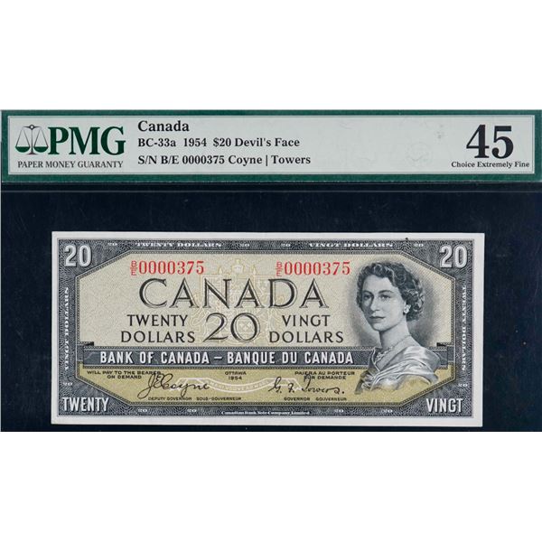 Low Number; 1954 $20 BC-33a B/E0000375 "Devil's Face" PMG Choice Extra Fine-45