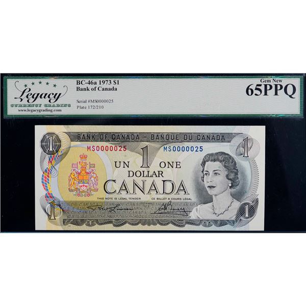 Low Number; 1973 $1 BC-46a #MS0000025, Legacy Currency Grading Gem Uncirculated-65PPQ.