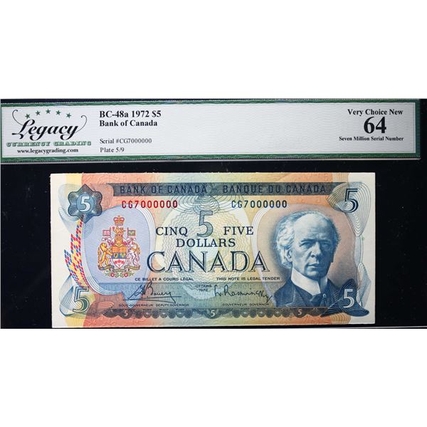 Million; 1972 $5 BC-48A #CG7000000  LCG Choice Uncirculated-64