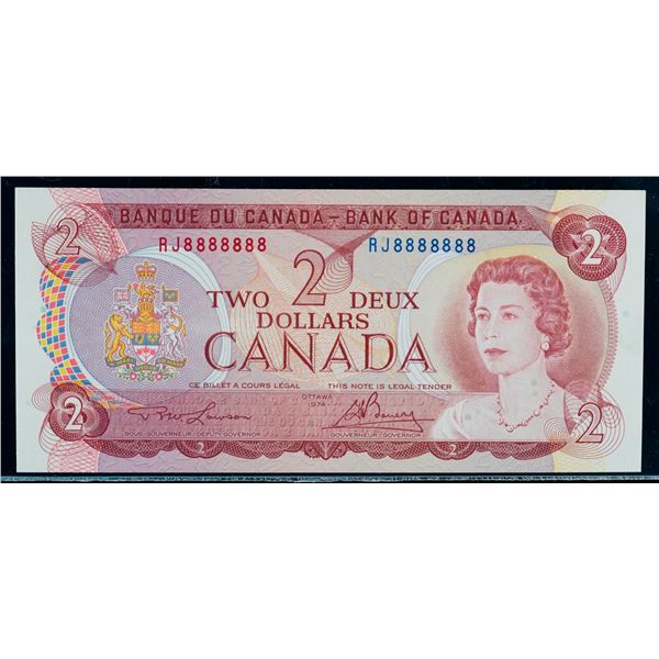 Solid;  1974 $2 BC-47A #RJ8888888  LCG Superb Gem Uncirculated-67PPQ.  This is a pristine issue with