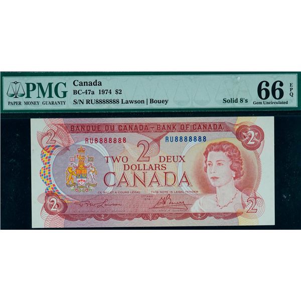 Solid; 1974 $2 BC-47a #RU8888888 PMG Superb Gem Uncirculated-66EPQ