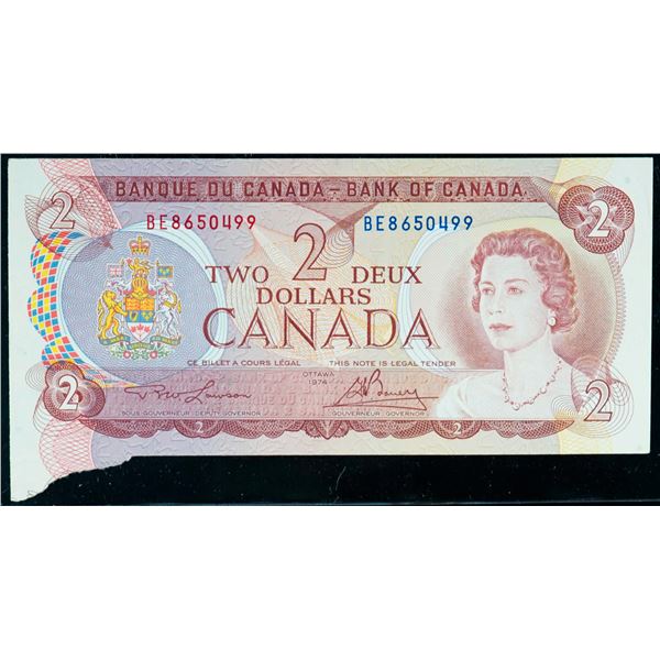 Error; 1974 $2 BC-47a #BE8650499 AU - " Extra piece attached at bottom left"