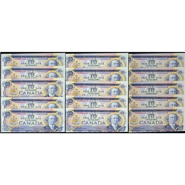 Error Notes;  1971 $10 BC-49a #DG8982604-618.  Consecutive run of 15 notes all Cut of of Register.  