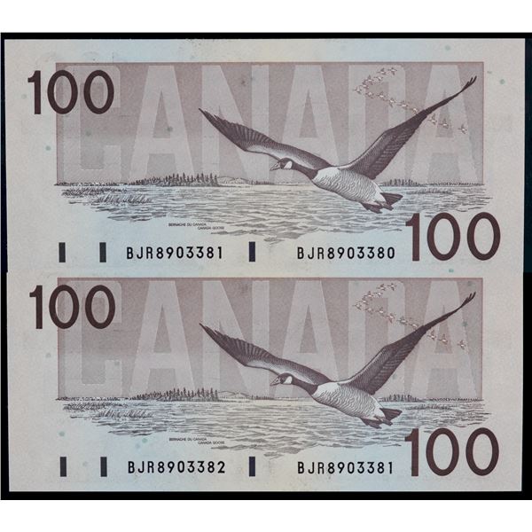 Errors; Pair of "Mismatched serial Numbers" 1988 $100 BC-60d #BJR8903381/ #BJR8903380 & 1988 $100 BC