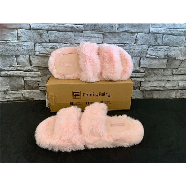 Women's Faux Fur Two Band Slippers - Pink - Size L