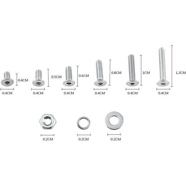 M2 Stainless Steel Flat Head Hex Socket Screws Bolts Nuts & Washers Assortment Kit - 600 pcs