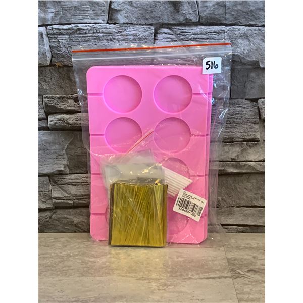 Silicone Hard Candy Mold with Sticks & Bags with Ties - Pink - 2 pk