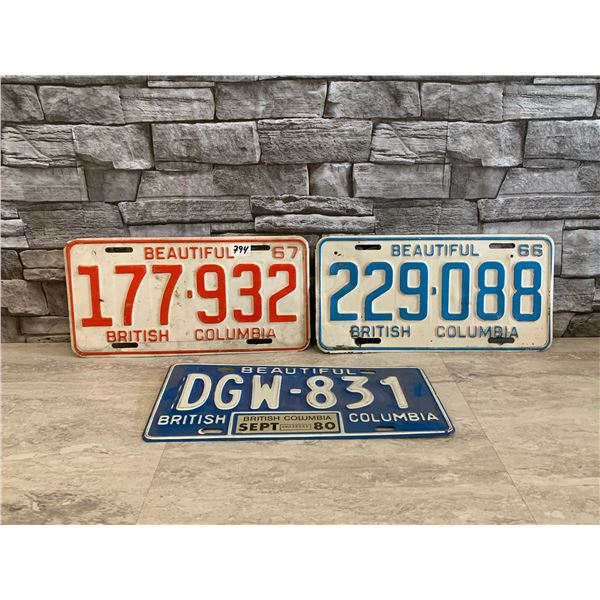 Lot of 3 Vintage British Columbia License Plates