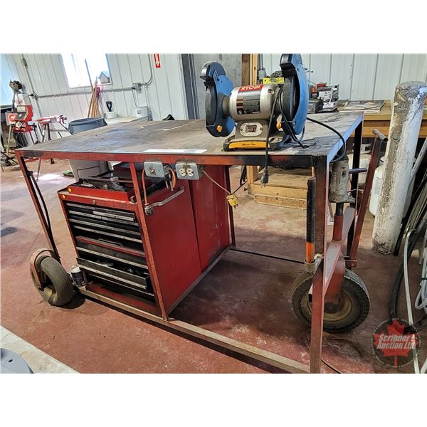 Custom Built Movable Metal-Top Work Bench (Bench Measures 44"H x 72"W x 36"D) (c/w : Tool Chests (2)