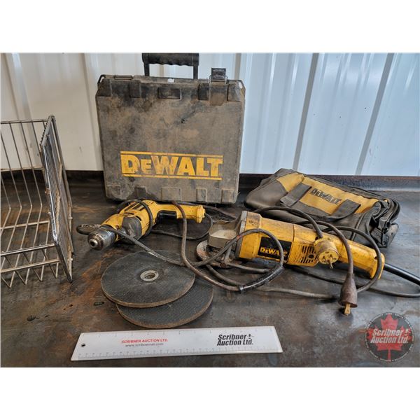 DeWalt Combo: Angle Grinder & Discs ; Drill ; Tool Bag ; Wire Basket