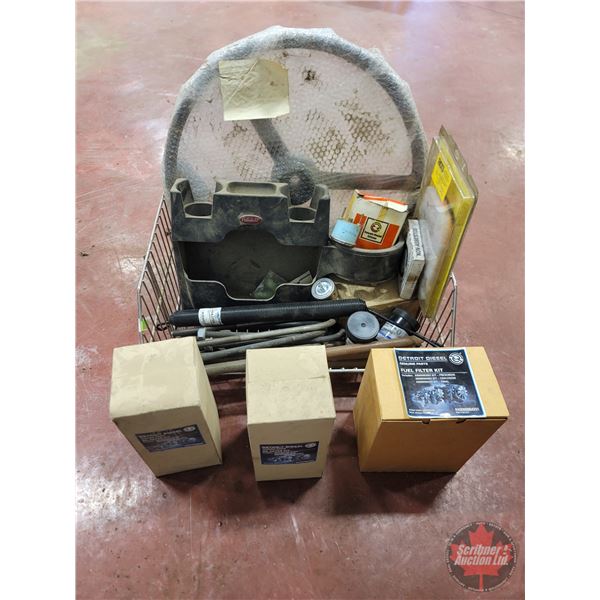 Wire Basket Lot: Detroit Diesel Filters; C177Peterbilt Cup Holder; Steering Wheel; Cab Filter; U Bol