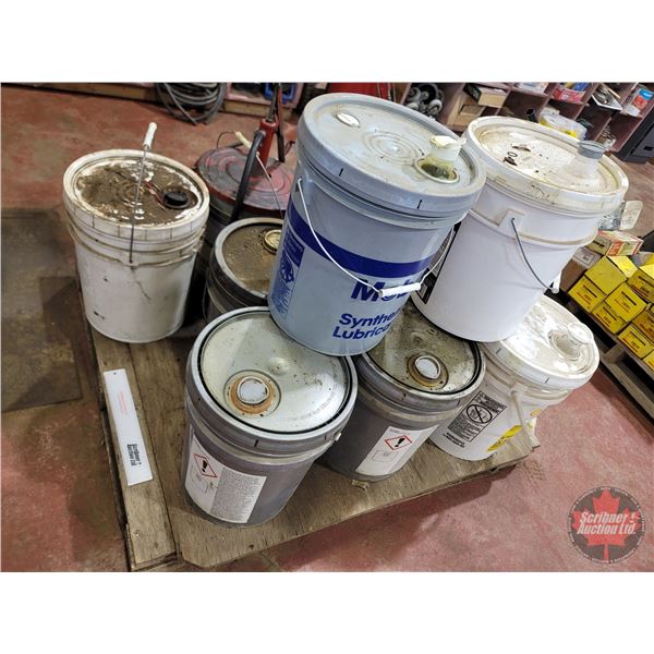 Pallet Lot ~ Partial Pails of Gear Oil; Transmission Lubricant with (2) Pail Pumps & Oil Measuring J