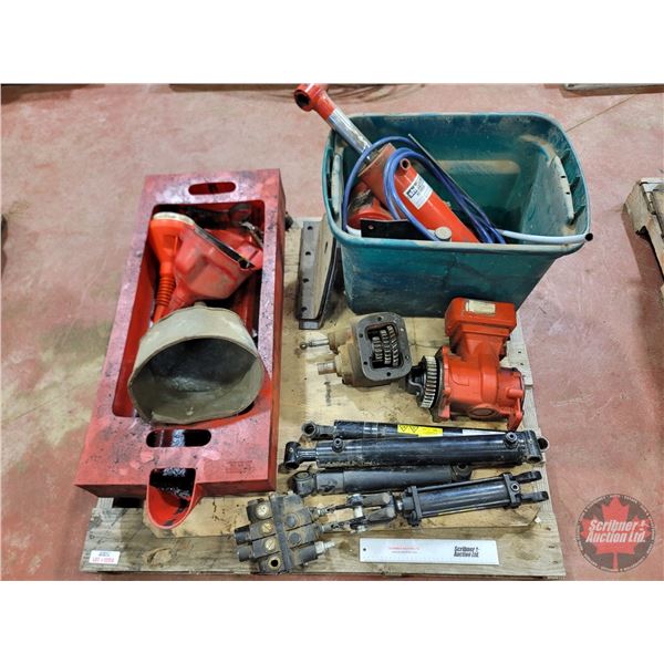 Pallet Lot: Hydraulic Rams; PTO's; Oil Drain Pan; Funnels; etc
