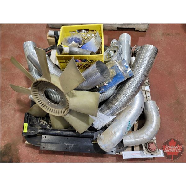 Pallet Lot ~ Truck Parts: Flex Pipe; Mud Flaps; Lug Nut Caps; Fan; Circulating Heater; etc!