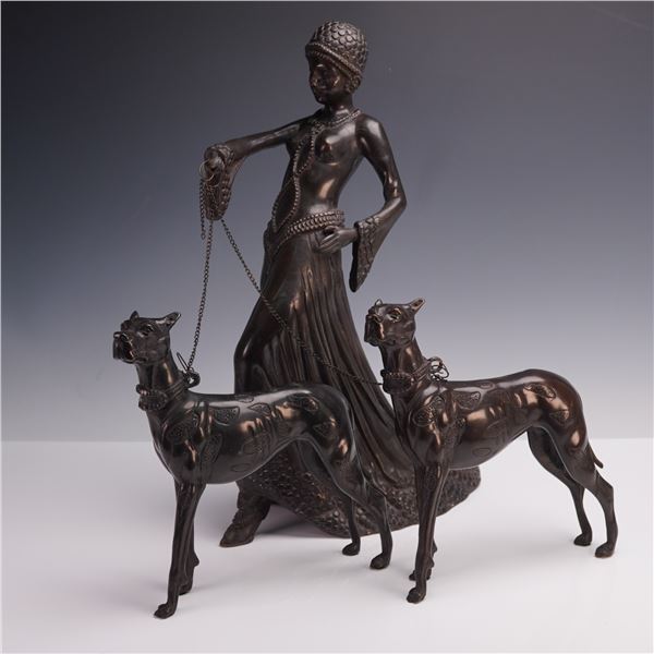 Art Deco Bronze-Style Sculpture, Lady and Great Danes by Sadek