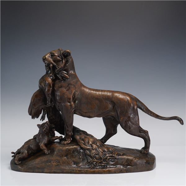 After Auguste Nicolas Cain Bronze Tigress Carrying Peacock Sculpture