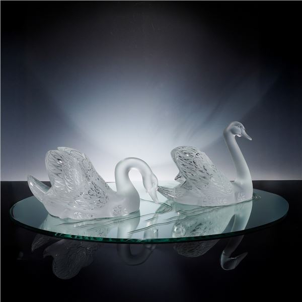 3pc Lalique Crystal Figurines, Swans + Mirror Base