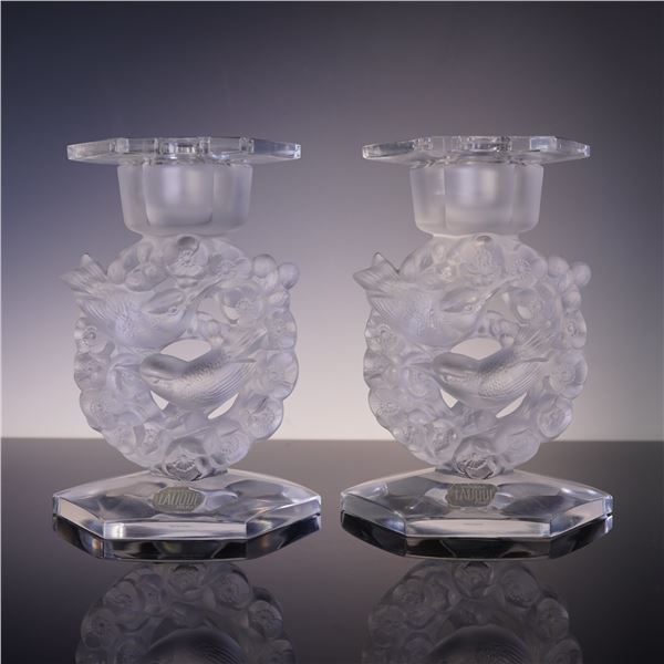 2pc Lalique Crystal Figurine Candle Holders, Birds and Blossoms