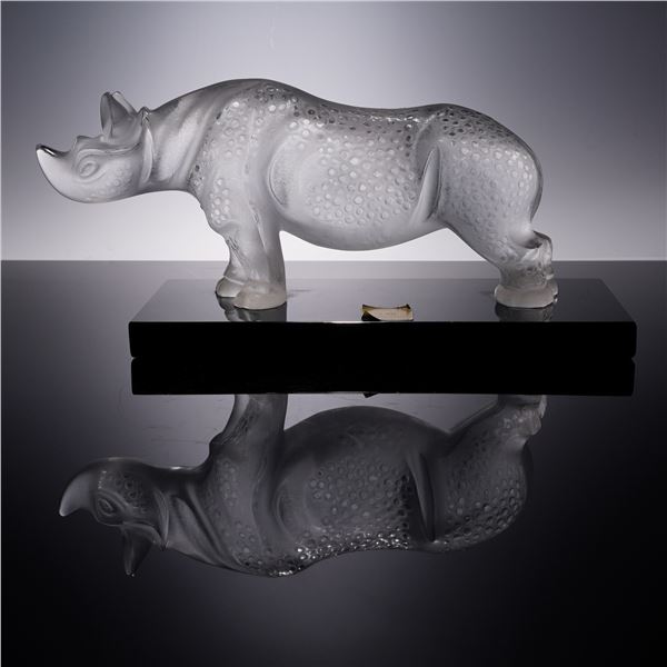 Lalique Crystal Figurine, Rhinoceros on Black Base