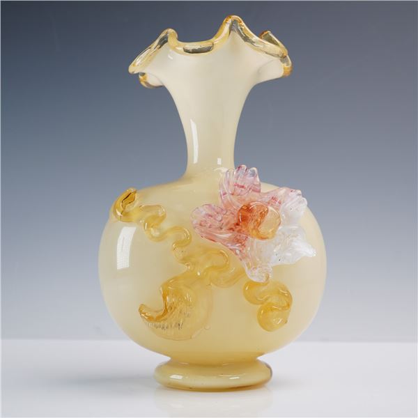 Hand Blown Art Glass Vase with Applied Floral Decoration