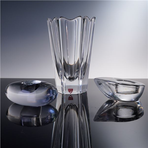 3pc Orrefors Swedish Crystal Set, Corrona Vase & Votives