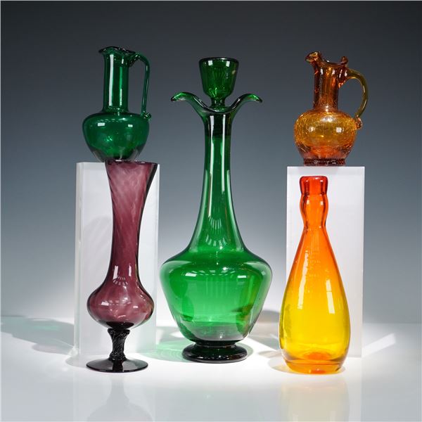 6pc Mid-Century Blown Art Glass Vessels: Decanters, Vases & Ewers