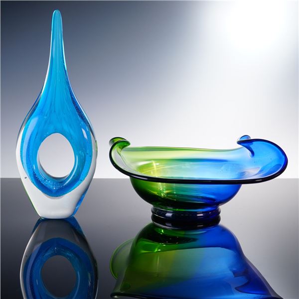 2pc Murano Art Glass Sculptures: Sommerso Bowl & Modernist Teardrop