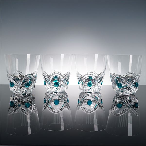 4pc Lalique Art Deco Crystal Floride Arch Tumblers with Turquoise Dots