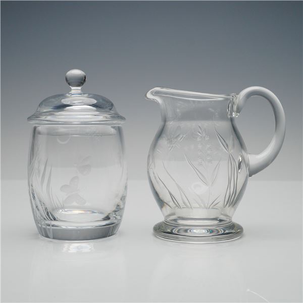2pc William Yeoward Crystal Sugar Bowl & Creamer Set, Etched Botanical