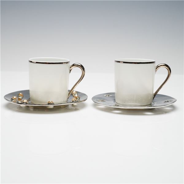 4pc Edouard Rambaud Demitasse Cup & Silvered Saucer Sets, Pair