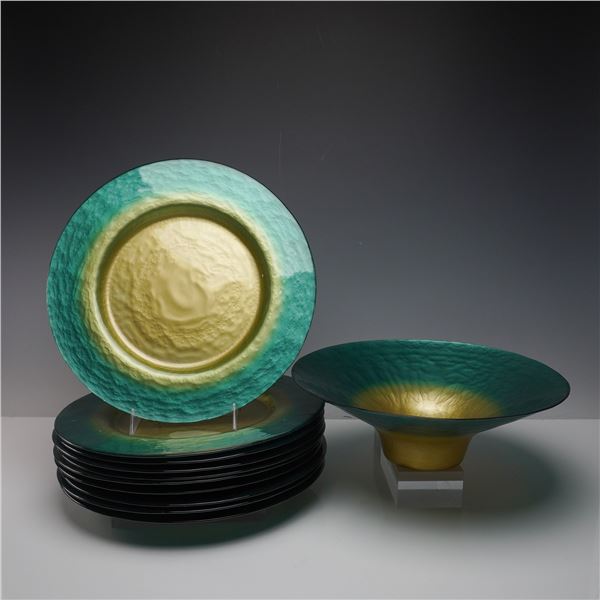 11pc Portmeirion Studio Glass Chargers & Bowl, Green Gold