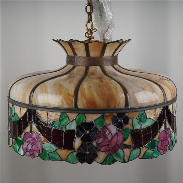 Stained Glass Hanging Pendant Lamp, Rose & Ribbon Motif
