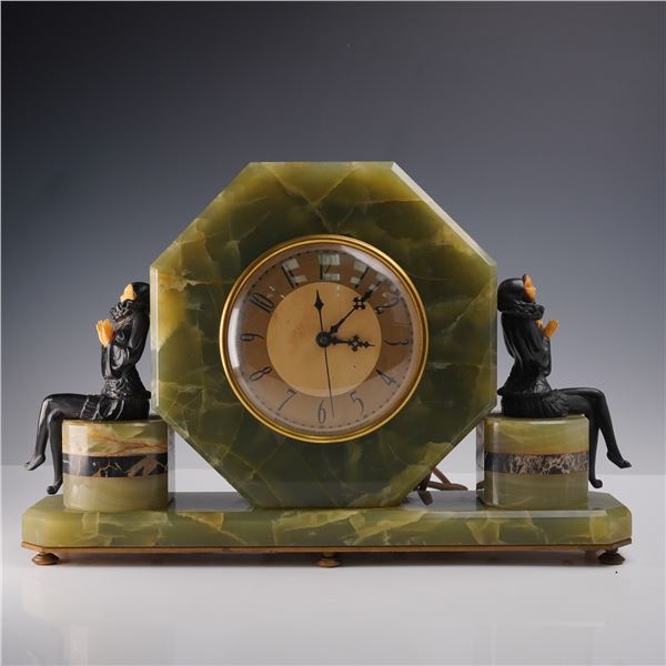 Whitehall Hammond Art Deco Onyx Mantel Clock with Harlequins