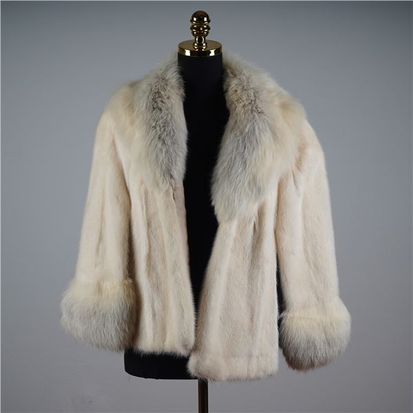 Younkers Light Cream Genuine Fur Jacket/Cape with Fox Trim