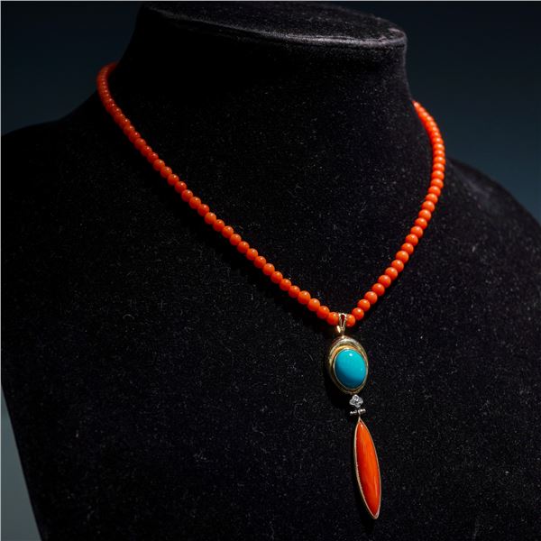 14K Gold Coral Bead Necklace with Turquoise Diamond Drop Pendant
